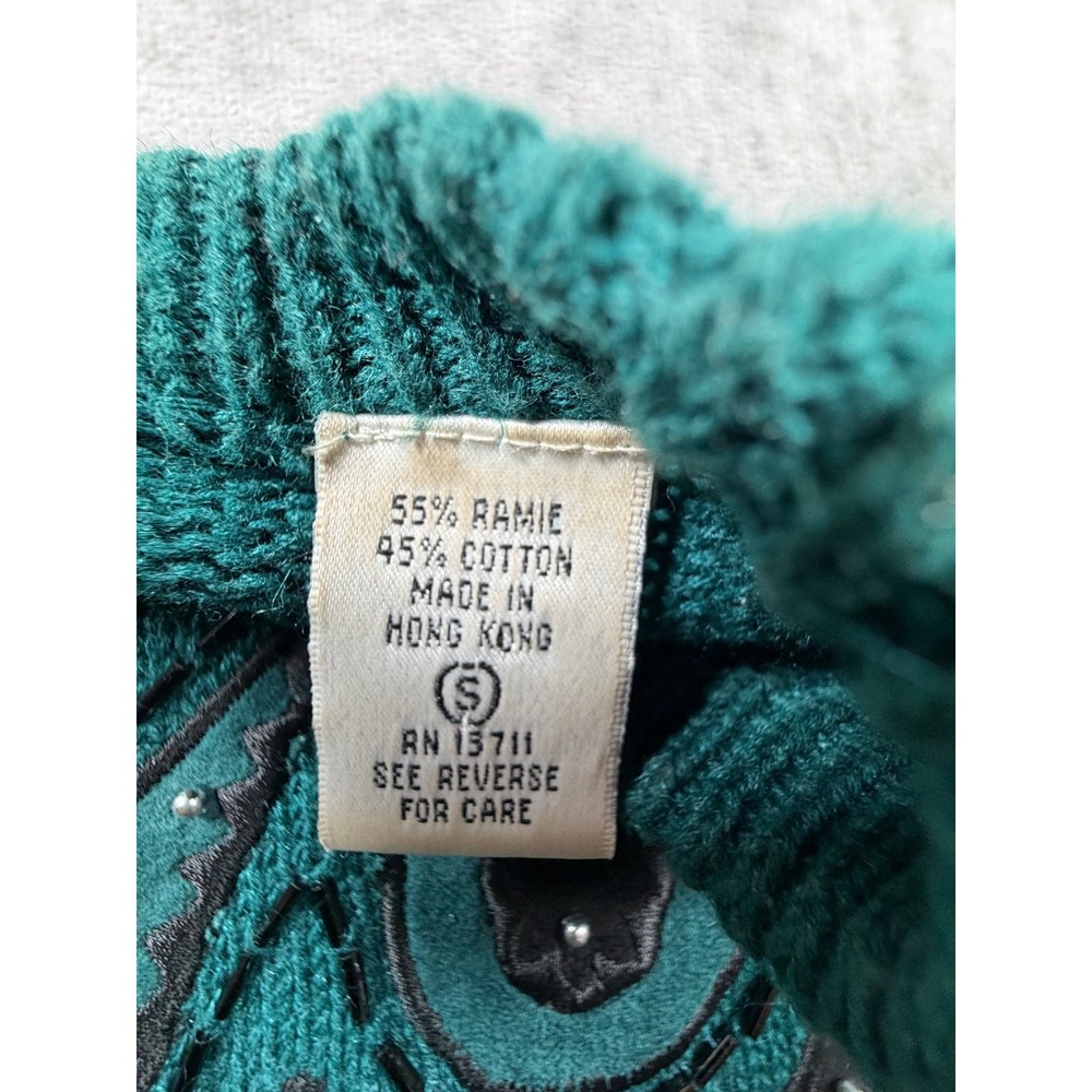 Evan Davies Vintage Womens Small Sweater Ramie Cotton Teal Western Applique - Picture 4 of 9